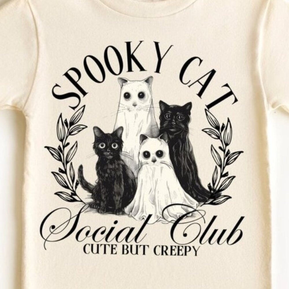 Spooky Cat Social Club Ghots Cat Retro Halloween White Color Shirt